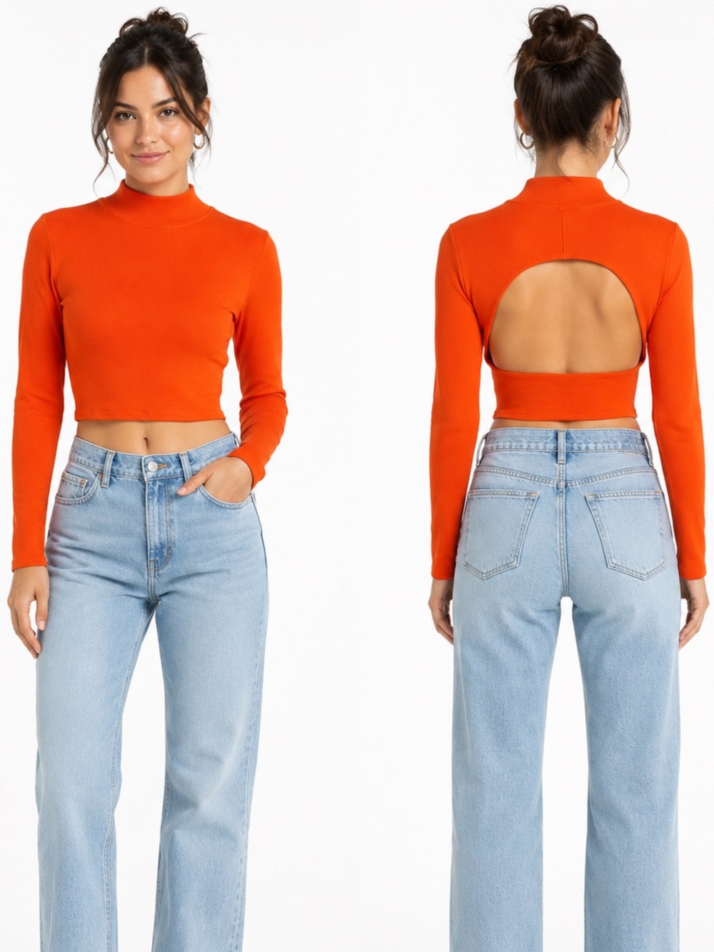 Lululemon Orange Ribbed Open Back Mock Neck Crop Topโ Long Sleeve Womens Size S